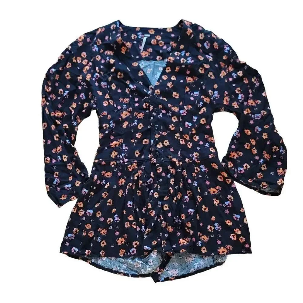 Free People womens Sz 0 black orange LAmour floral romper